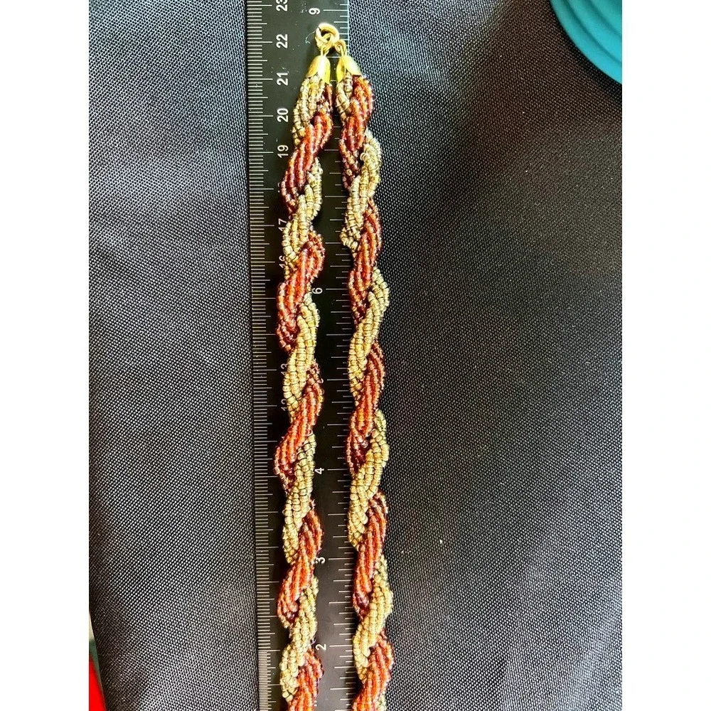 Vintage Necklace Twisted Glass Seed Bead Amber Iridescent Multi Strand Statement